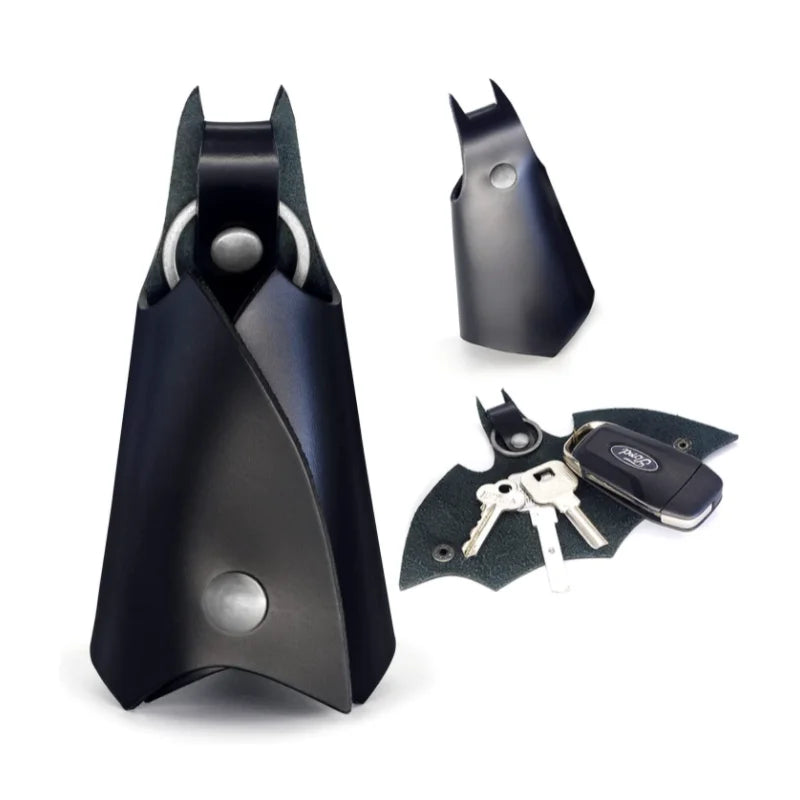 Black Genuine  Leather Bat Shape Foldable Keychain Key Ring Car Keys Fob Case Holder Key Accessories Cover Gifts