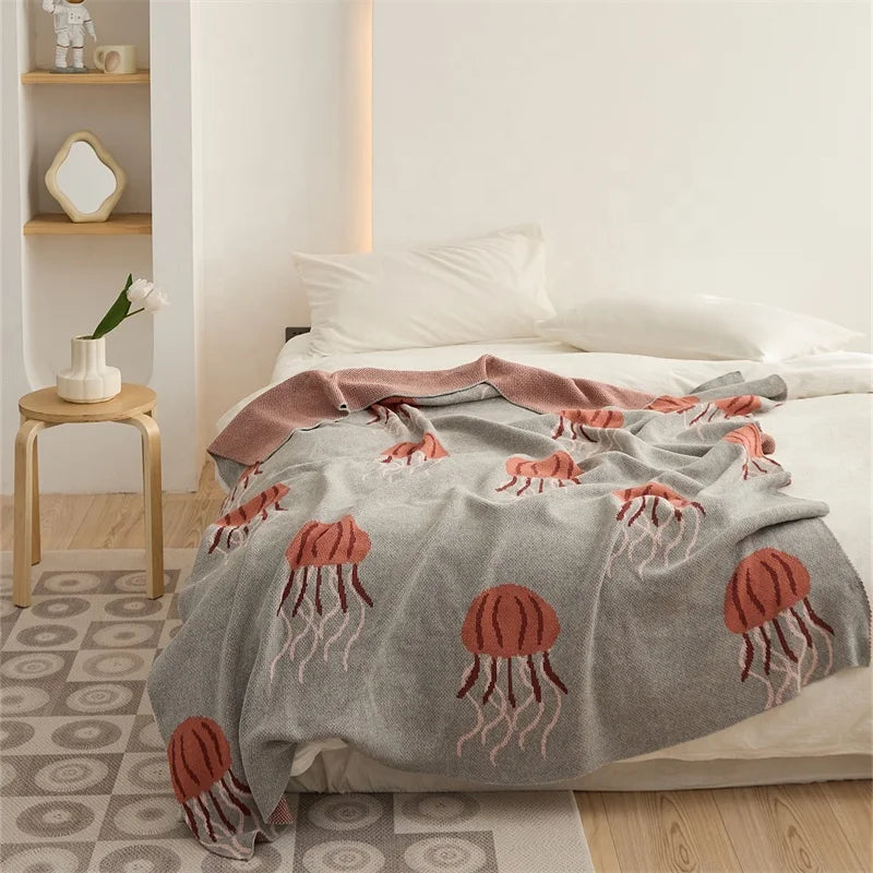 New Ocean Animal Jellyfish 100% Cotton Woven Knitted Throws Blanket for Home Decoration Couch