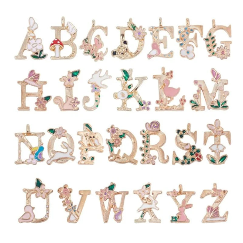 Enamel Letter Gold Alphabet Charms Metal Alloy Initial Flower Printed Floral A-Z Charm for Jewelry Making Charms Women