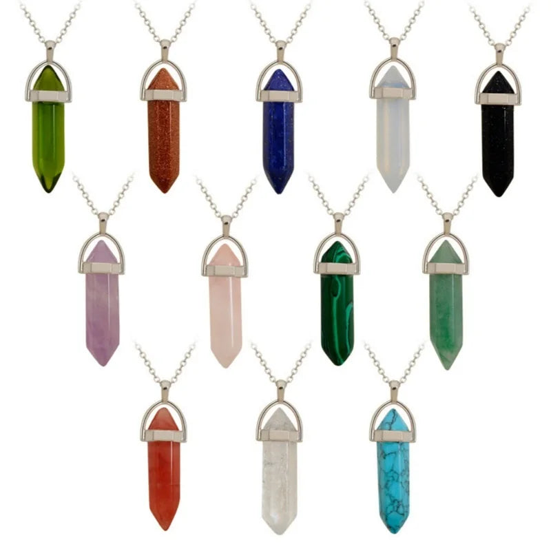 Factory Wholesale Natural Stone Crystal Necklace Women Bullet Shape Hexagonal Healing Point Quartz Turquoise Pendant Fine