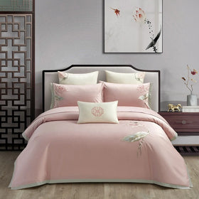 100% cotton pink Girl Lotus Embroidery Quilt Cover Fluffy Purple Pillow case Home Textile Bedding Set Wholesaler
