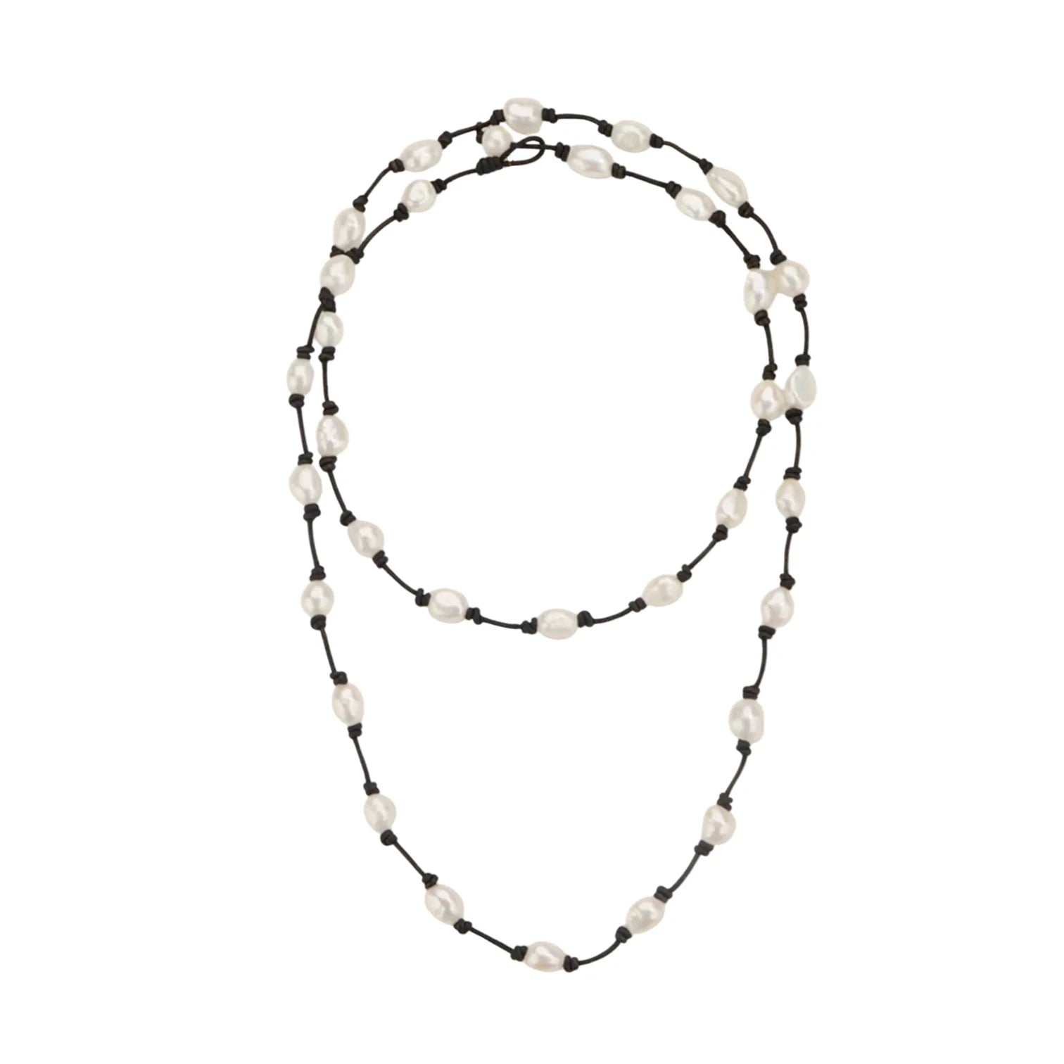 New Bohemian Brass Necklace or Waist Chain with 30 Threaded Natural Pearl Beads From 8mm to 9mm Strung on Black Cord for Party