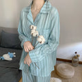 Summer Women Striped Pajamas Suit Long Sleeve Cardigan Loose Sweet Home Wear Sleepwear for Student Girl