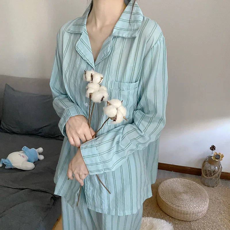 Summer Women Striped Pajamas Suit Long Sleeve Cardigan Loose Sweet Home Wear Sleepwear for Student Girl