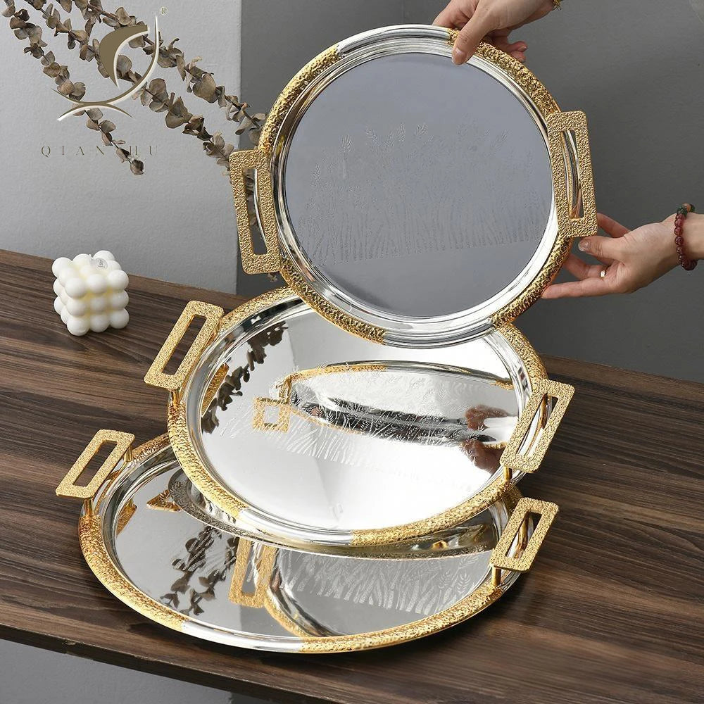 2026 Qian Hu Light Luxury Eco-Friendly Polished Metal Cast Iron Fruit Plate Cake Baking Storage Tray for Coffee Shop Restaurant