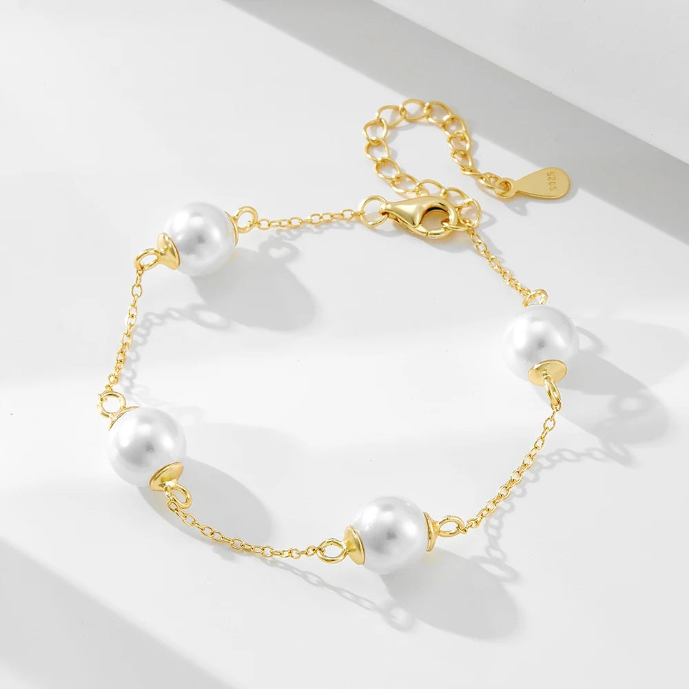 Luxury S925 Sterling Silver Gold Plated Chain Classic Pearl Bracelet for Women Jewelry