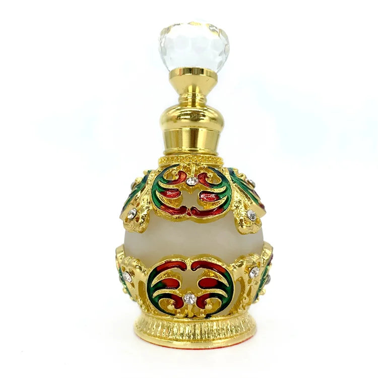 Stock 15ml Gold Metal Alloy Arabic Perfume Essential Oil Bottles Flower Design Dubai Attar Glass Bottle with Glass Bar Stick