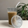 375ml Vertical Striped Glass Cup with Glass Straw and Lid Elegant Ripple Vintage Glassware Iced Coffee Glass Cup