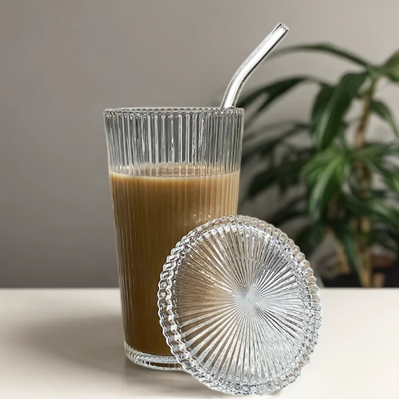 375ml Vertical Striped Glass Cup with Glass Straw and Lid Elegant Ripple Vintage Glassware Iced Coffee Glass Cup