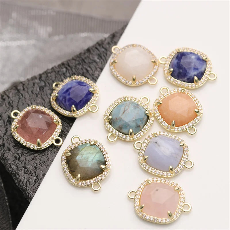 Natural Amazonite CZ Charm Connectors Gold Plated Copper Alloy Square Shaped Classic Style Charms