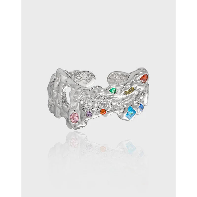 Personalized Design Fashion Jewelry 925 Sterling Silver Texture Colorful Zircon Ring Cz Irregular Ring
