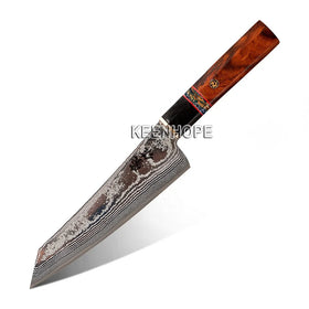 KEENHOPE Handcraft Knife 8 Inch Kiritsuke 89 Layers Damascus Steel With VG10 Core Buffalo Horn Inlaid Mammoth Stone USA Ironwood