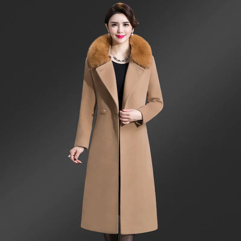 New Autumn and Winter Woolen Coat for Women Medium to Long Korean Version With Fox Fur Collar and Single-Sided Woolen Long Coat