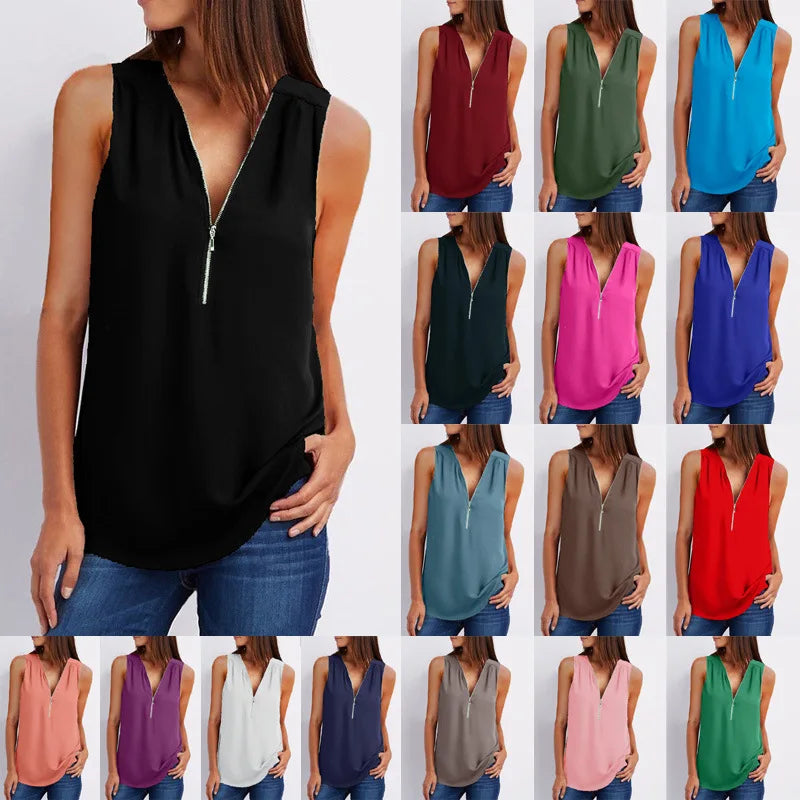 Women's Casual XL Vest Solid Color Polyester Fabric V-Neck Sleeveless Top Ruffled Collar Quick Dry Breathable Crocheted Weaving