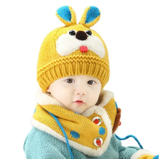 Fashion Winter Warm Baby Boys Girls Hat and Scarf Set Baby Winter Cap Rabbit Knit Beanie Bonnet Warm Hats for Children Neck
