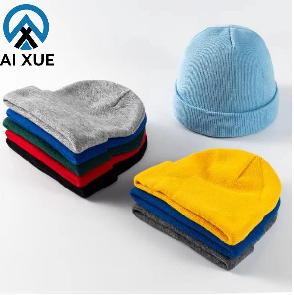 Mens Mini Short Fisherman Beanie Hat Winter Ribbed Docker Warm Knitted Skull Cap Embroidered Logo Plain Cotton Wool Casual Daily