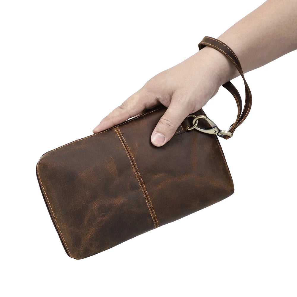 Wholesale Dropship Men's Casual RFID Clutch Handbag Vintage Crazy Horse Leather Clutch Purse Bag Men with Wrist Strap