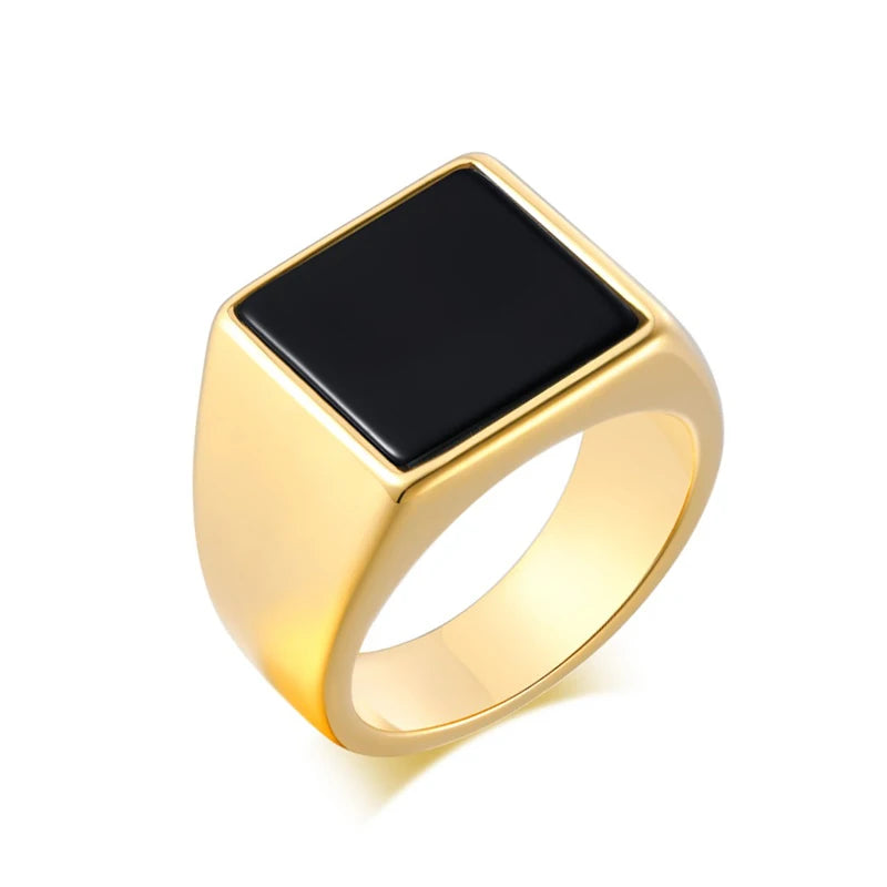 Stainless Steel Jewelry Gold  Square Man Signet Ring Male Wedding Engagement Large Black Stone Finger Rings