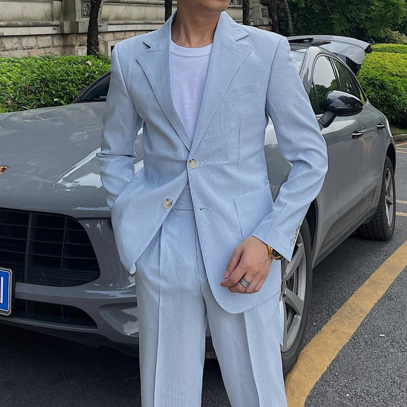 2026 New Products Thin Style Seersucker Striped Suit for Men Sky Blue Suit Casual Business Suit