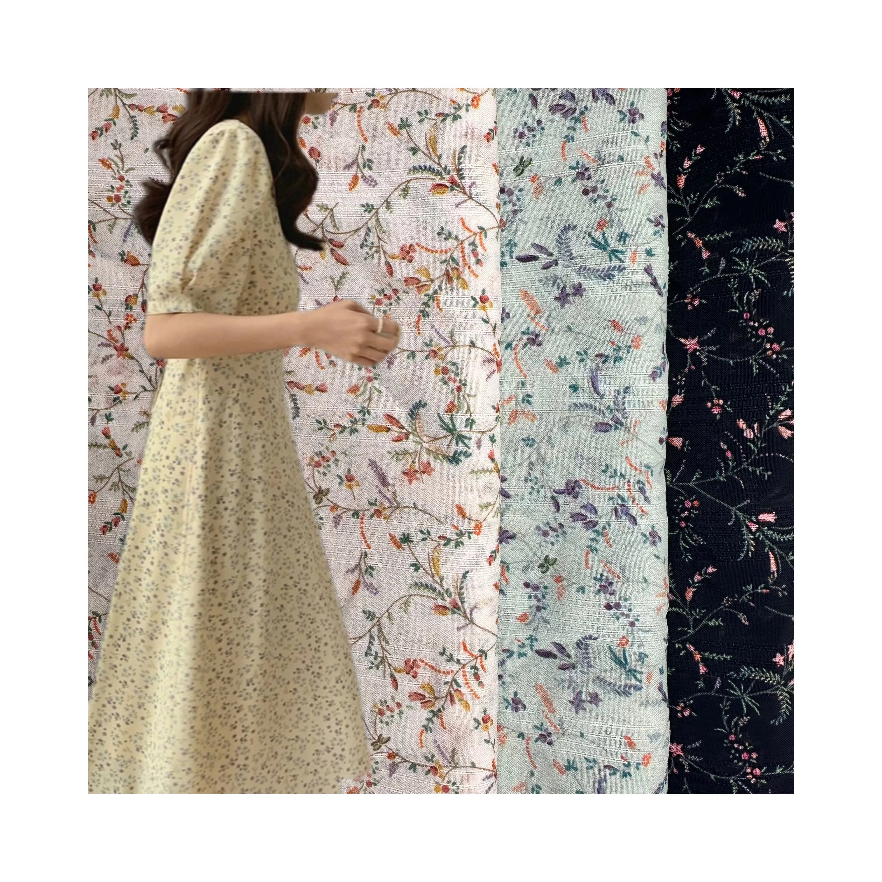 Eco-friendly Custom Design Digital Floral Printed Stripe Jacquard Based Colorful Fabric Lightweight 100% Polyester Woven Fabrics