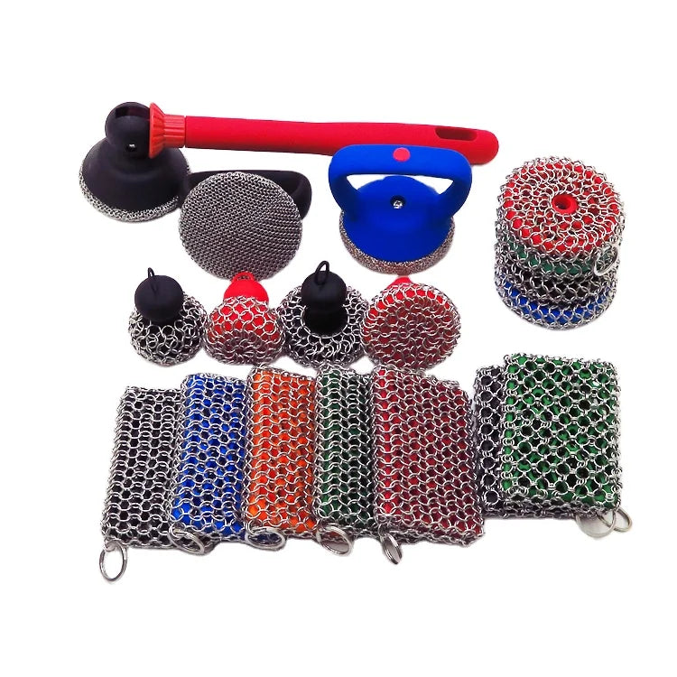 All Kinds of Stainless Steel Cast Iron Cleaner Chainmail Scrubber with Handle