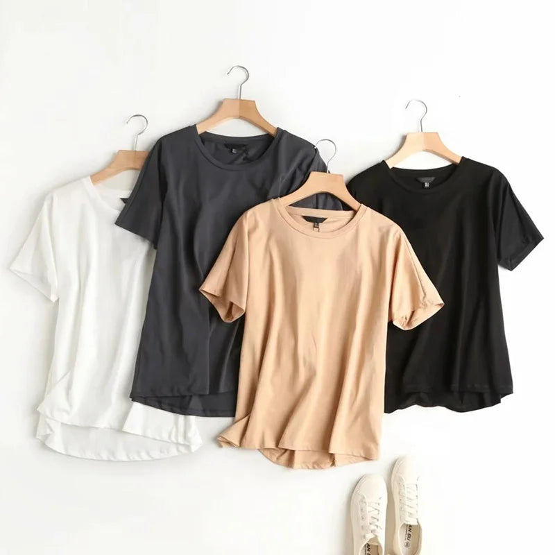 Enlgand Style Office Lady Solid Basic Cotton Simple Summer T Shirt Harajuku Tshirt Camisetas Verano Mujer