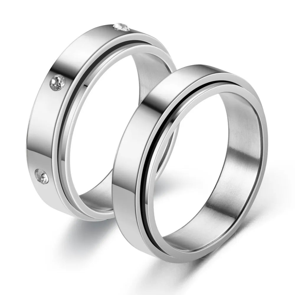 6mm Titanium Steel Rotatable Ring Stainless Steel Fashionable Couple Diamonds Promise Ring Wedding Engagement for Men Women