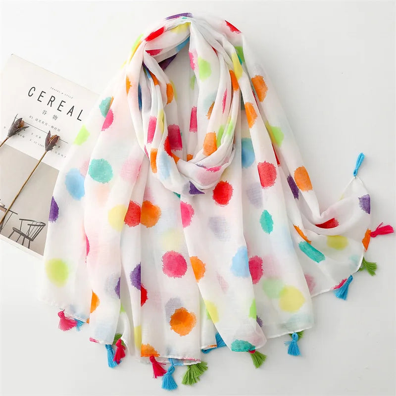 Summer New Designs Rainbow Color Polka Dots Printed Wide Shawls With Tassels 180*90cm Soft Viscose Cotton Feelings Scarf Hijabs