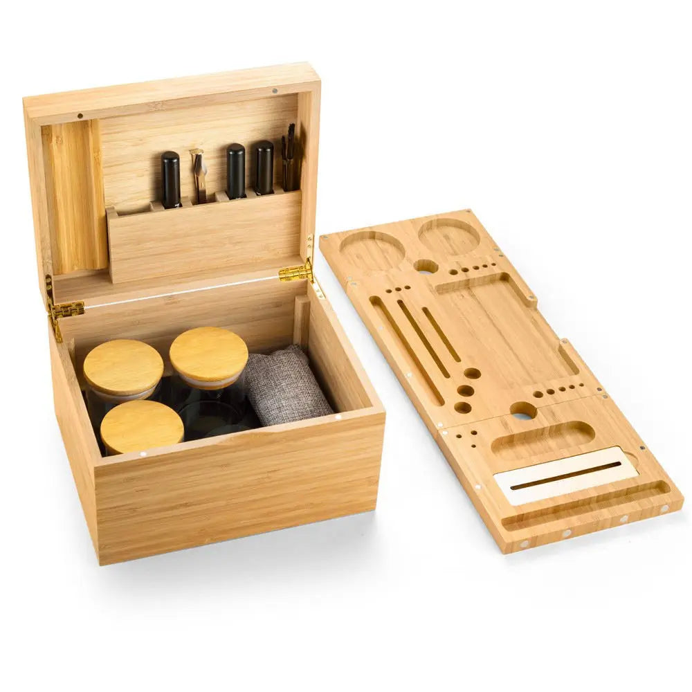 New Bamboo Herb Storage Container All Herbs Smoking Accessories Grinder Pipe Rolling Wood Stash Box With Rolling Tray