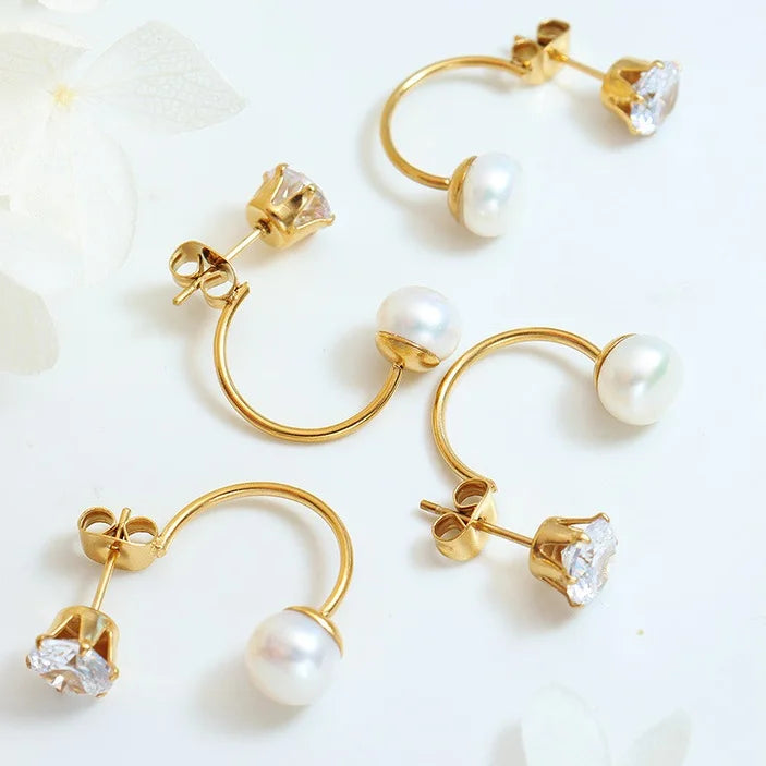 Ins Trendy Zircon Sparkle Pearl Pendant C-shaped Earrings Fashion Earrings