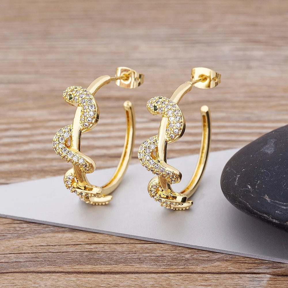 QIKU Trendy Snake Entanglement Shape Copper Zircon Circle Large Round Hoop Earrings Women Fashion Charm Jewelry Accessories Gift