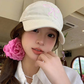 Bow Embroidered Baseball Cap Low Profile Washed Cotton Sun Hat