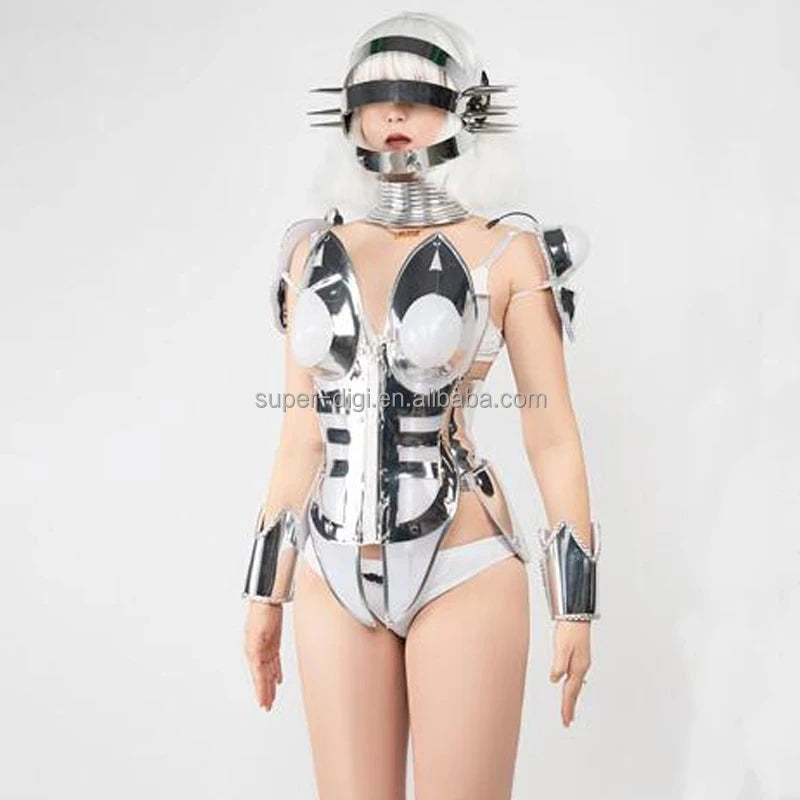 Nightclub Bar Ds Gogo Costumes Mirror Costume Tech Reflective Bodysuit Headgear Pole Dance Cloth Female Stage Outfit
