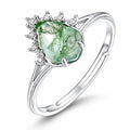 S925 Sterling Silver Pear Cut Green Moss Agate Adjustable Ring CZ Cluster Accent Vintage Dainty Statement Ring for Women