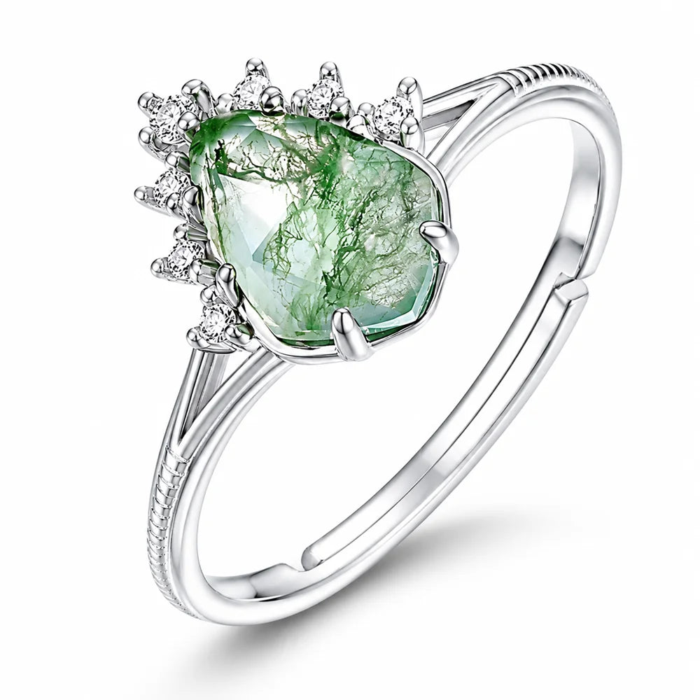 S925 Sterling Silver Pear Cut Green Moss Agate Adjustable Ring CZ Cluster Accent Vintage Dainty Statement Ring for Women