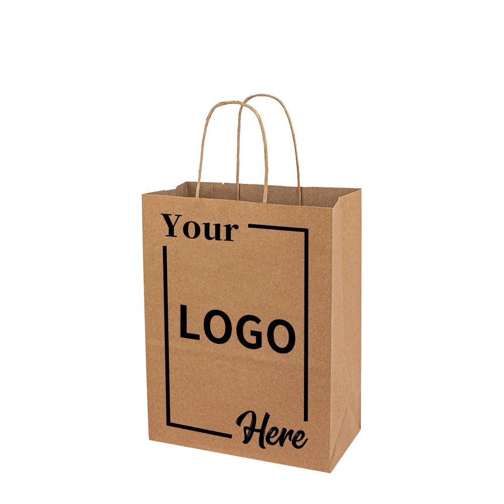 Custom Logo Printed Kraft Paper Grocery Bags with Handles Classic Style for Burger King Pizza Restaurant Packing Small MOQ
