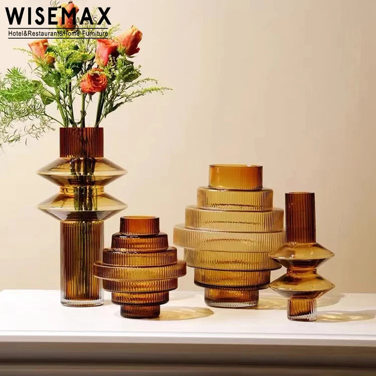 WISEMAX FURNITURE Modern Nordic Simple Restaurant Home Decor Tawny Glass Flower Tabletop Vase for Living Room Decor