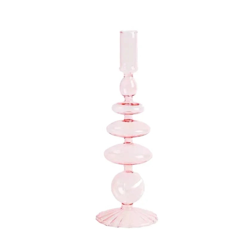 Custom Made Religious Hand-blown Clear Colored Bubbles Glass Candlestick Holder with Striped Base
