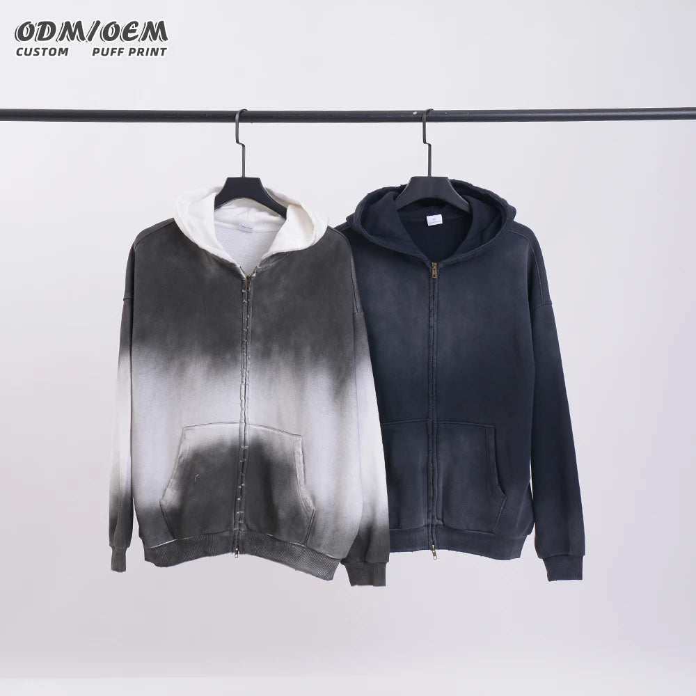 Custom Logo Streetwear Terry 420Gsm Vintage Washed Distressed Men's Oversized Blank Zip up Hoodies