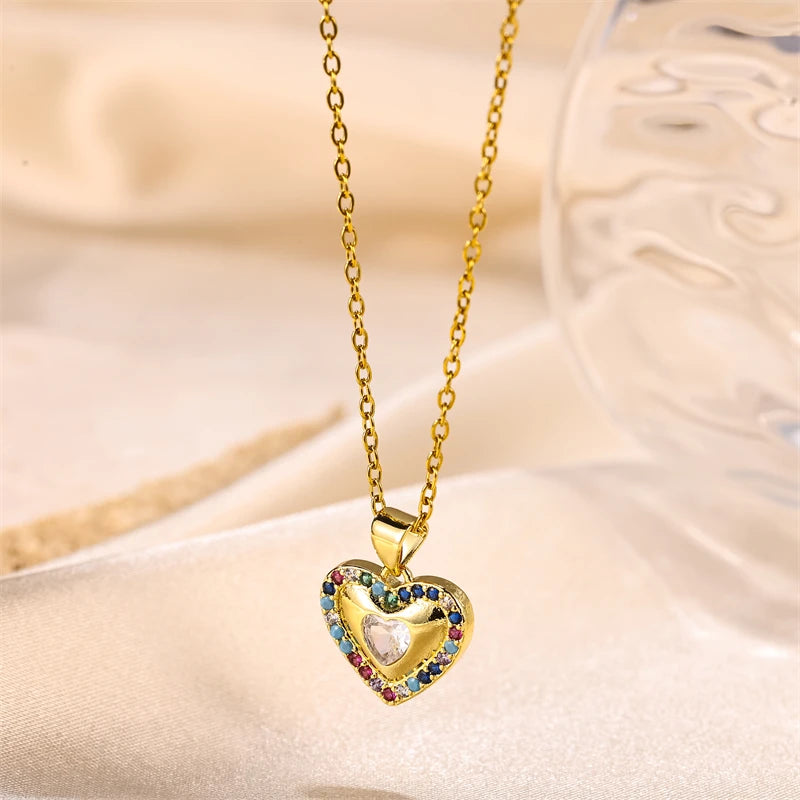 Trendy Female Stainless Steel Necklace Heart Shape With Colorful Gemstones Pendant Necklace Gold 18K