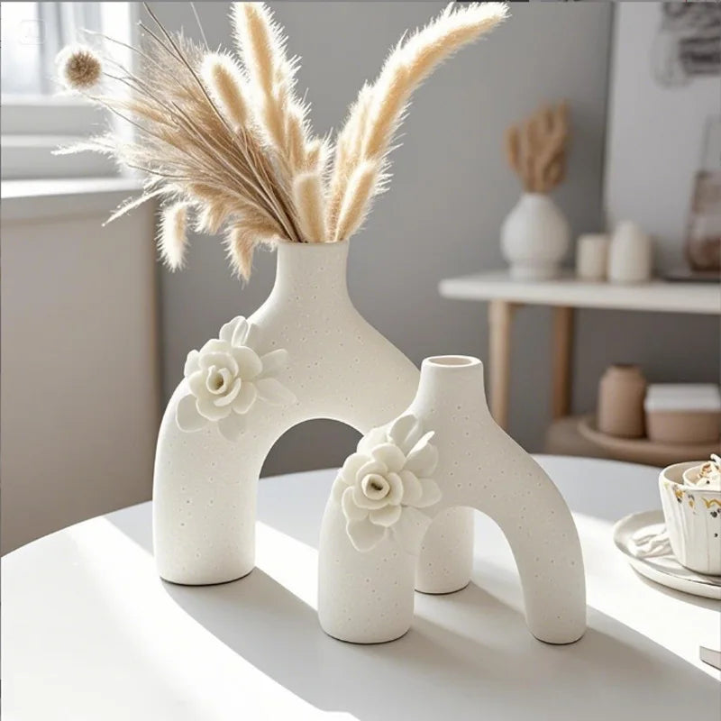 New Nordic Handmade Ceramic Vase Three-Dimensional Flower Frosted White Matt Tabletop Home Decoration Minimalist Floor Vase