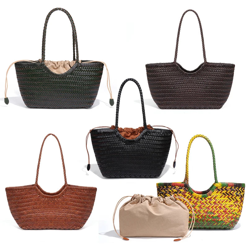 Luxury Braided Real Leather Shoulder Bags Basket Girls Large Capacity Handbag Women Handmade Cowhide Leather Weave Tote Bag MegaBDM