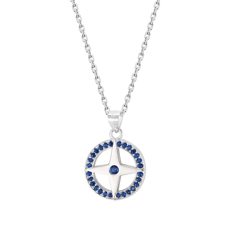 Fast Shipping 925 Sterling Silver Four-pointed Star Compass Pendant Necklace Inlaid Noble Sapphire Zirconia Unisex