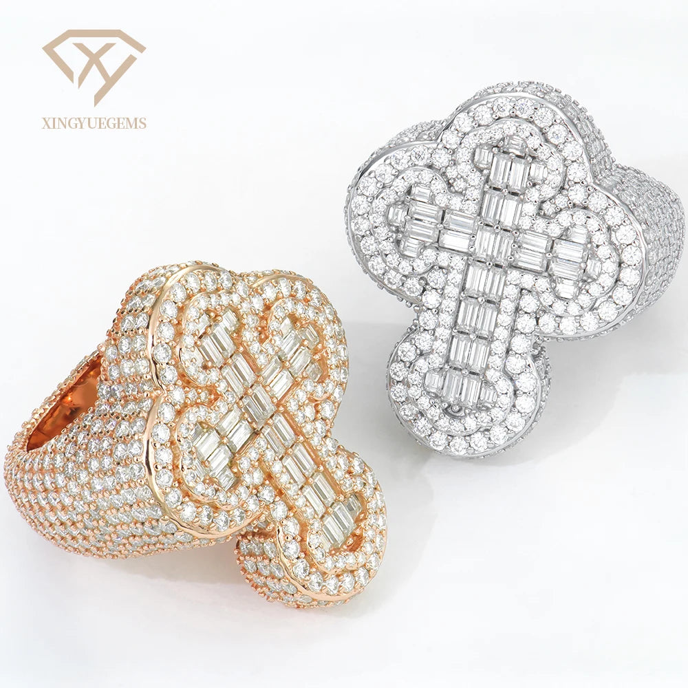 Wholesale Mens Women Iced Out Hip Hop Luxury Gold Plated 925 Silver Fine Jewelry Cross Gra Mossanite Moissanite Diamond Rings