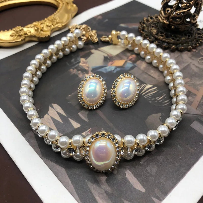 Vintage Mabe Pearl Choker Necklace Stud Earrings Set Fashion Party Dress Jewelry Pearl Necklace for Women