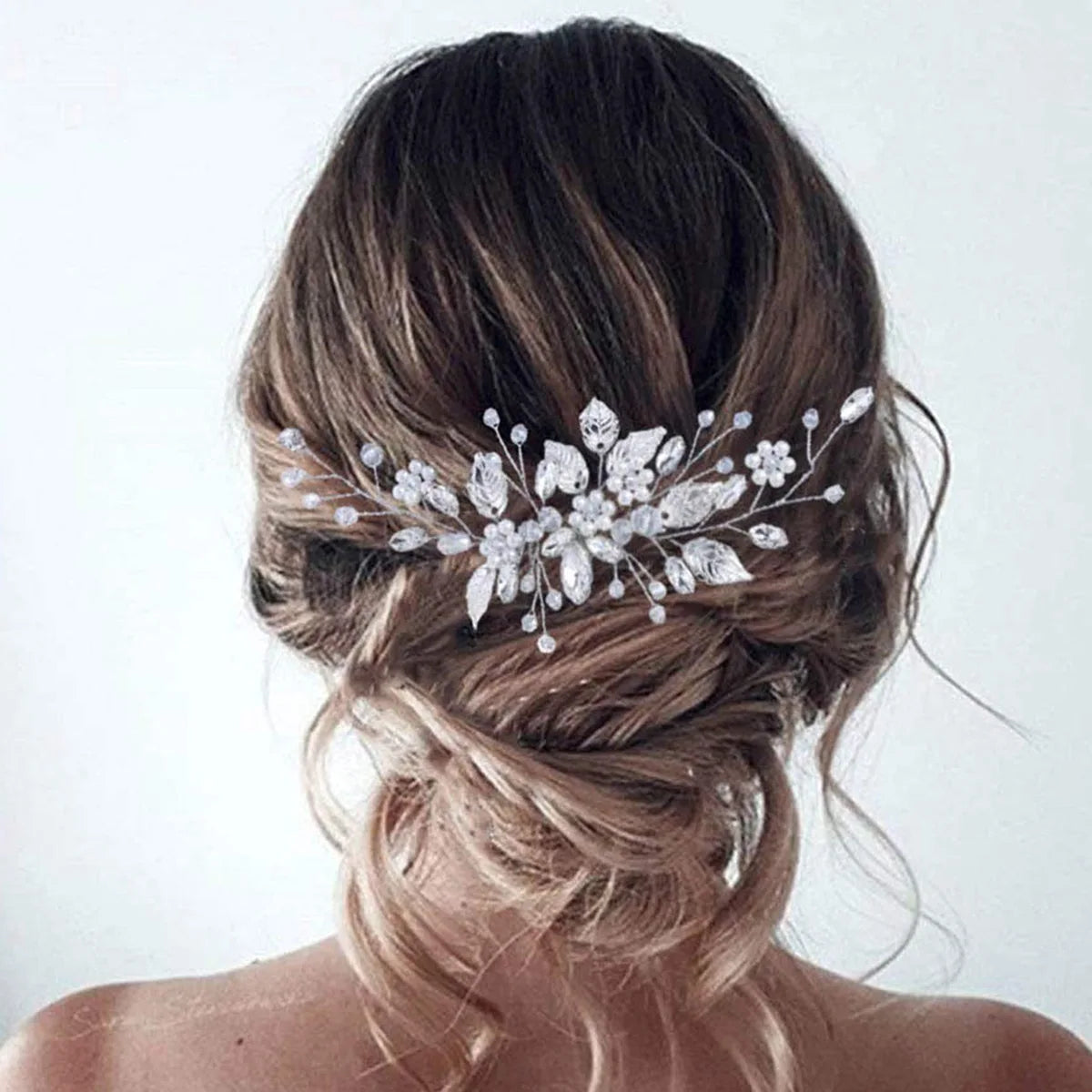 Handmade 16cm Korean Style Wedding Hair Comb Big Hair Pin with Wire Rope Crystal Pearl Leaf Alloy Material for Bridal Engagement