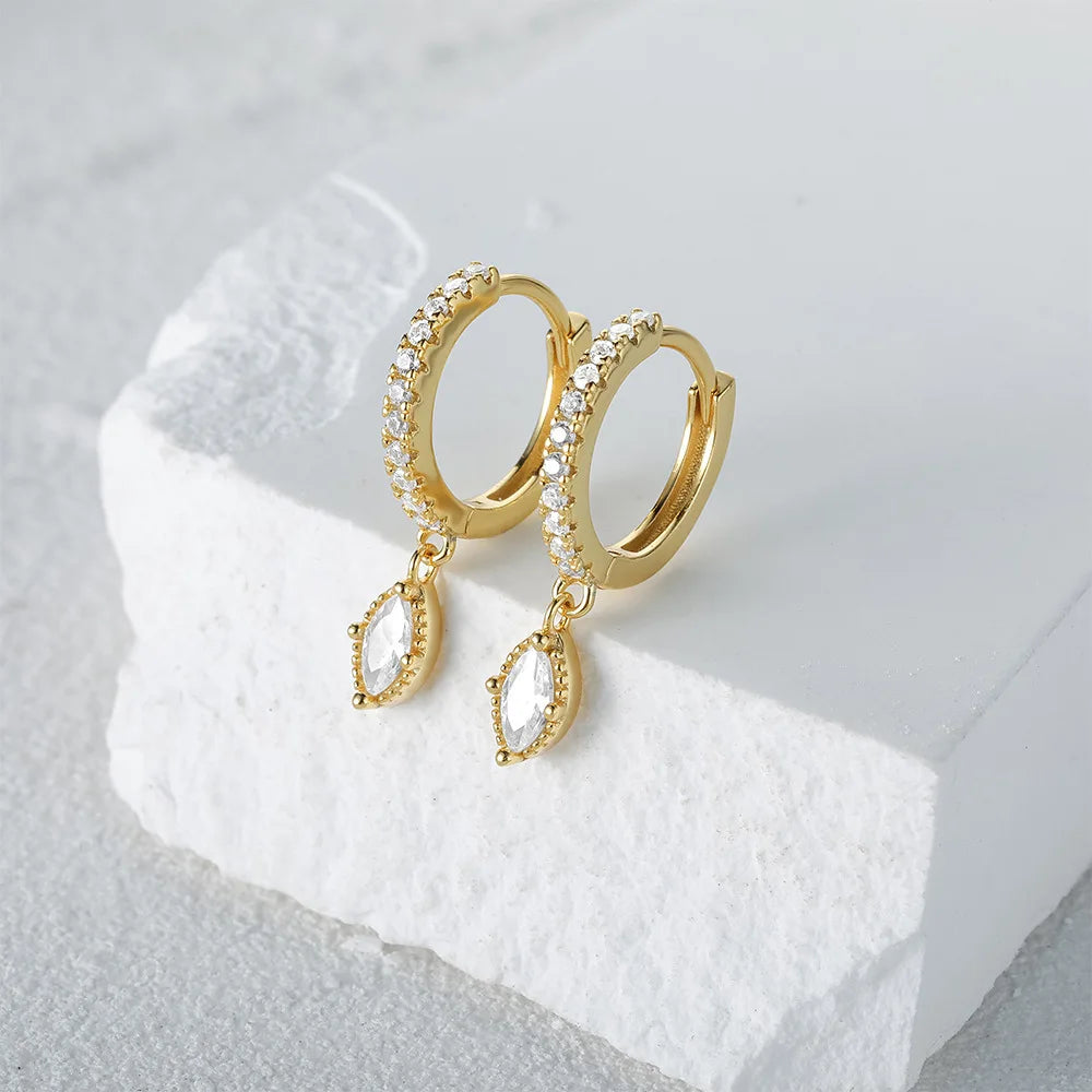 Classic 925 Sterling Silver Earrings Marquise Eye Shape Zircon Pendant Gold Plated Hoop Earrings Women