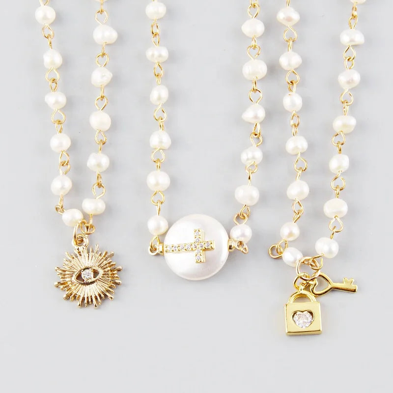 Women Ethnic Jewelry  40cm Gold Rosary Chain Freshwater Pearl Necklace Collar De Perlas Cross Key Choker Necklace