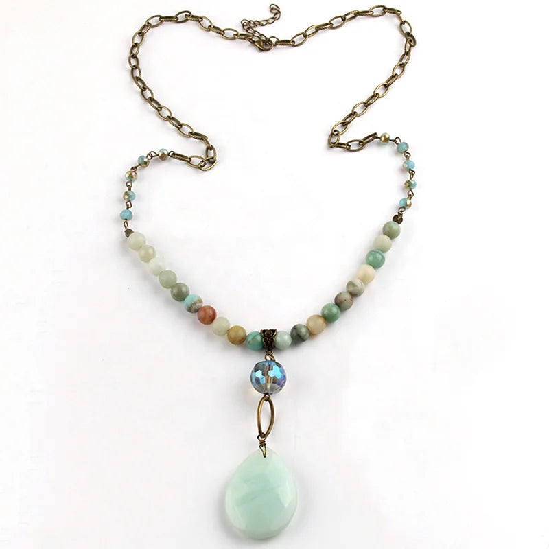 Women Festival Gift Fashion Bohemian Jewelry 8mm Natural Stone 6mm Crystal Glass Rosary Chain Drop Stone Pendant Necklace