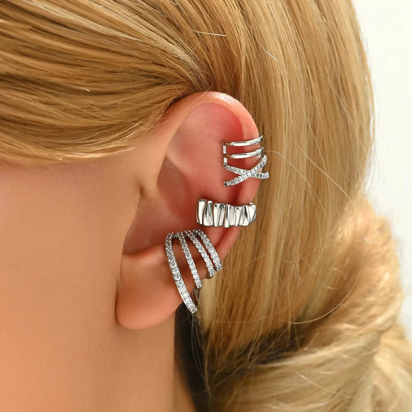 Vintage New Zircon C-Shaped Silver Earrings Set Non-Piercing Earrings for Trendy Fashion Brass Material for Anniversaries